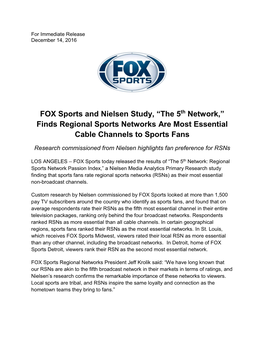 FOX Sports and Nielsen Study, “The 5Th Network,” Finds Regional Sports Networks Are Most Essential Cable Channels to Sports Fans