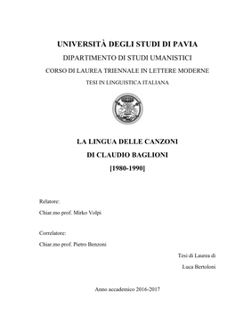 Università Degli Studi Di Pavia Dipartimento Di Studi Umanistici Corso Di Laurea Triennale in Lettere Moderne