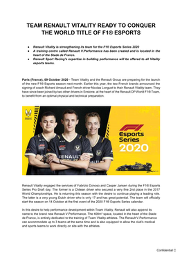 Team Renault Vitality Ready to Conquer the World Title of F1® Esports