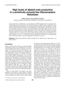 High Levels of Diploid Male Production in a Primitively Eusocial Bee (Hymenoptera: Halictidae)