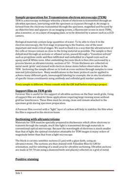 Sample Preparation for Transmission Electron Microscopy (TEM) Support Film on TEM Grids Sectioning with Ultramicrotome Positi