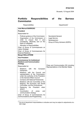 Portfolio Responsibilities of the Barroso Commission