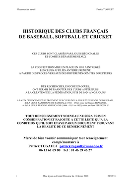 Historique Des Clubs Français De Baseball, Softball Et Cricket
