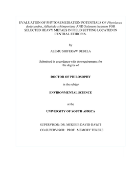 Phytolacca Dodecandra, Adhatoda Schimperiana and Solanum Incanum for SELECTED HEAVY METALS in FIELD SETTING LOCATED in CENTRAL ETHIOPIA