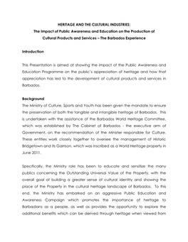 HERITAGE and the CULTURAL INDUSTRIES: the Impact of Public Awareness and Education on the Production of Cultural Products and Services – the Barbados Experience