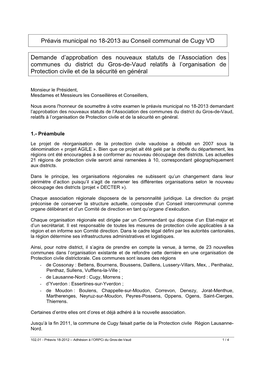 Préavis Municipal No 18-2013 Au Conseil Communal De Cugy VD