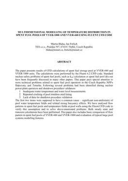 Multidimensional Modelling of Temperature Distribution in Spent Fuel Pools of Vver-1000 and Vver-440 Using Fluent Cfd Code