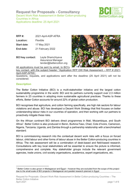 Request for Proposals - Consultancy Decent Work Risk Assessment in Better Cotton-Producing Countries in Africa Applications Deadline: 25 April 2021