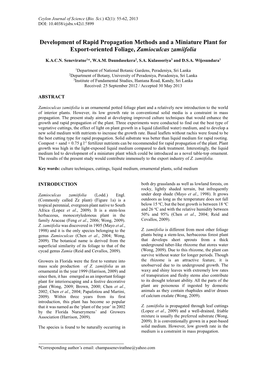 Development of Rapid Propagation Methods and a Miniature Plant for Export-Oriented Foliage, Zamioculcas Zamiifolia