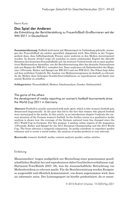 Das Spiel Der Anderen Die Entwicklung Der Berichterstattung Zu Frauenfußball-Großturnieren Seit Der WM 2011 in Deutschland