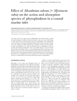 Effect of Mesodinium Rubrum (= Myrionecta Rubra) on the Action and Absorption Spectra of Phytoplankton in a Coastal Marine Inlet