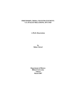 Friendship, Crisis and Estrangement: U.S.-Italian Relations, 1871-1920