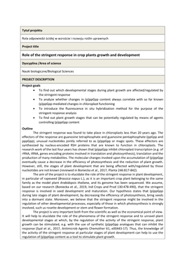 Role of the Stringent Response in Crop Plants Growth and Development