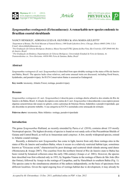 Syngonanthus Restingensis (Eriocaulaceae): a Remarkable New Species Endemic to Brazilian Coastal Shrublands