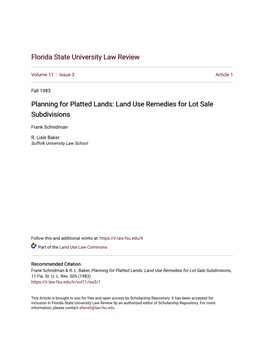 Planning for Platted Lands: Land Use Remedies for Lot Sale Subdivisions