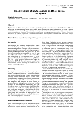 Insect Vectors of Phytoplasmas and Their Control – an Update