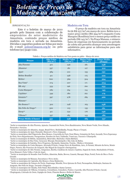 Boletim De Preços De Madeira Na Amazônia Nº 06 | Março | 2010