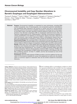 Chromosomal Instability and Copy Number Alterations in Barrett's Esophagus and Esophageal Adenocarcinoma Thomas G