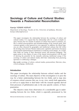 Sociology of Culture and Cultural Studies: Towards a Postsocialist Reconciliation