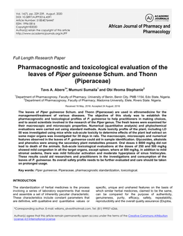 Pharmacognostic and Toxicological Evaluation of the Leaves of Piper Guineense Schum