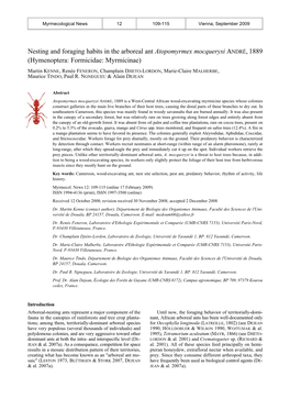 Nesting and Foraging Habits in the Arboreal Ant Atopomyrmex Mocquerysi ANDRÉ, 1889 (Hymenoptera: Formicidae: Myrmicinae)