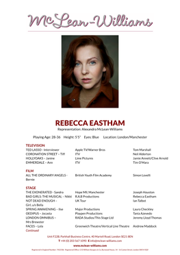 REBECCA EASTHAM Representation: Alexandra Mclean-Williams