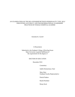 An Examination of the Relationship Between Personality Type, Self Perception Accuracy and Transformational Leadership Practices of Female Hospital Leaders