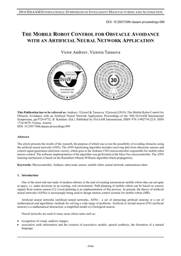 THE MOBILE ROBOT CONTROL for OBSTACLE AVOIDANCE with an ARTIFICIAL NEURAL NETWORK APPLICATION Victor Andreev, Victoria Tarasova