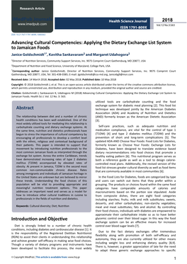 Applying the Dietary Exchange List System to Jamaican Foods Janice Goldschmidt1*, Kavitha Sankavaram2 and Margaret Udahogora2