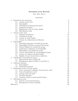 Description of My Research Dave Witte Morris Contents 0. Remarks for the Non-Expert 2 0.1. Actions on the Circle 2 0.2. Superrig