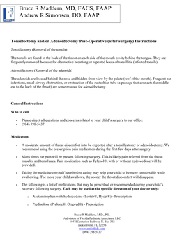 Tonsillectomy And/Or Adenoidectomy Post-Operative (After Surgery) Instructions