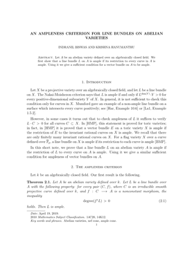 An Ampleness Criterion for Line Bundles on Abelian Varieties