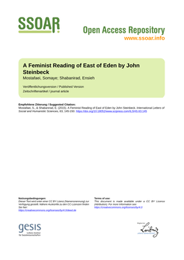 A Feminist Reading of East of Eden by John Steinbeck Mostafaei, Somaye; Shabanirad, Ensieh