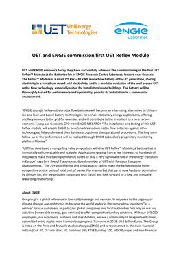 UET and ENGIE Commission First UET Reflex Module