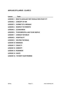 Akhlaq Syllabus - Class 5