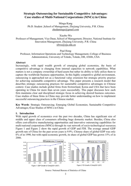 Strategic Outsourcing for Sustainable Competitive Advantages: Case Studies of Multi-National Corporations (Mncs) in China