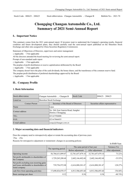 Chongqing Changan Automobile Co., Ltd. Summary of 2021 Semi-Annual Report