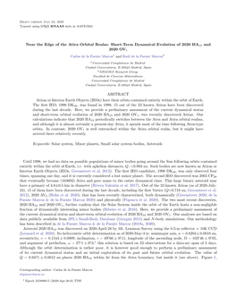 Near the Edge of the Atira Orbital Realm: Short-Term Dynamical Evolution of 2020 HA10 and 2020 OV1 ABSTRACT Atiras Or Interior E