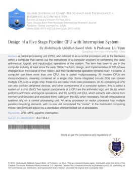 Design of a Five Stage Pipeline CPU with Interruption System by Abdulraqeb Abdullah Saeed Abdo & Professor