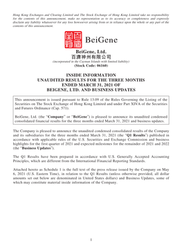 Beigene, Ltd. 百濟神州有限公司 (Incorporated in the Cayman Islands with Limited Liability) (Stock Code: 06160)