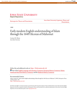 Early Modern English Understanding of Islam Through the 1649 Alcoran of Mahomet Lemiya M