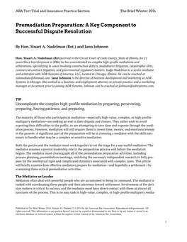 Premediation Preparation: a Key Component to Successful Dispute Resolution