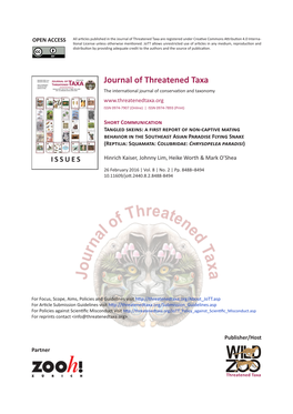 Tangled Skeins: a First Report of Non-Captive Mating Behavior in the Southeast Asian Paradise Flying Snake (Reptilia: Squamata: Colubridae: Chrysopelea Paradisi)