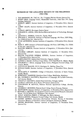 Members of the Linguistic Society of the Phiuppines 1985-1986