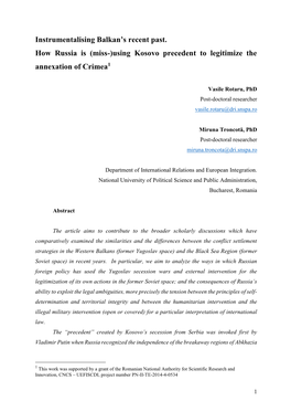 Using Kosovo Precedent to Legitimize the Annexation of Crimea1