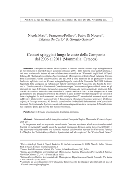 Cetacei Spiaggiati Lungo Le Coste Della Campania Dal 2006 Al 2011 (Mammalia: Cetacea)