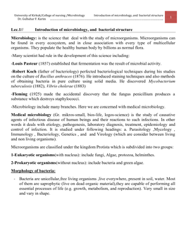 University of Kirkuk/College of Nursing /Microbiology Introduction of Microbiology, and Bacterial Structure 1 Dr