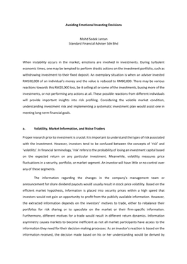 Avoiding Emotional Investing Decisions Mohd Sedek Jantan Standard Financial Adviser Sdn Bhd When Instability Occurs in the Marke