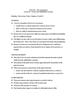 ESCI 107 – the Atmosphere Lesson 13 – Fronts and Midlatitude Cyclones