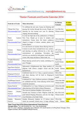 Tibetan Festivals and Events Calendar 2014